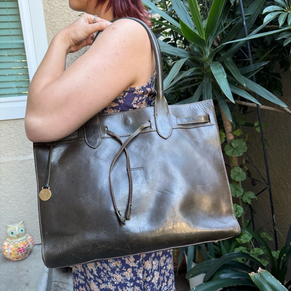 Vintage Greenish Brown Dooney & Bourke Distressed Leather Super Large Tote Bag